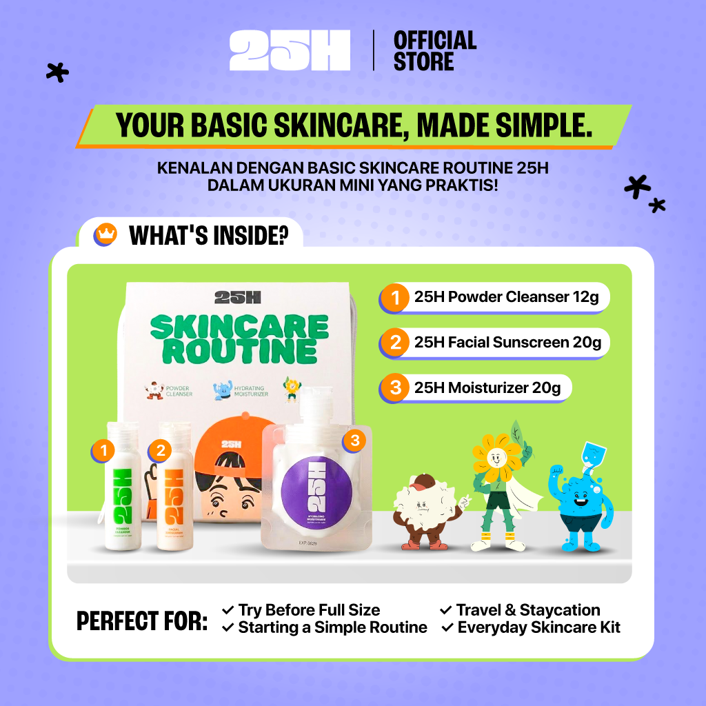 25H Skincare Routine Sample Set, Powder Cleanser + Facial Sunscreen + Hydrating Moisturizer